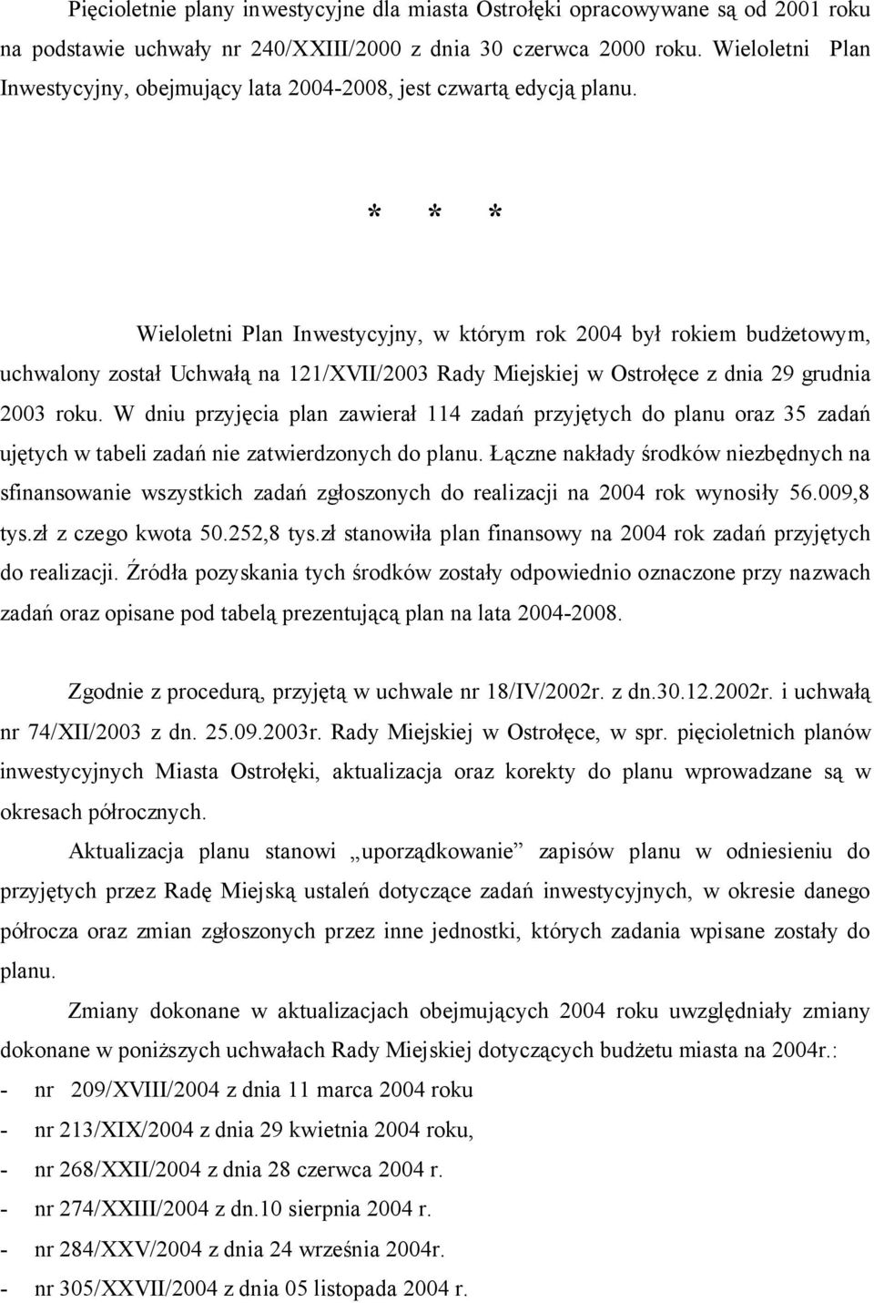* * * Wieloletni Plan Inwestycyjny, w którym rok 2004 był rokiem budżetowym, uchwalony został Uchwałą na 121/XVII/2003 Rady Miejskiej w Ostrołęce z dnia 29 grudnia 2003 roku.