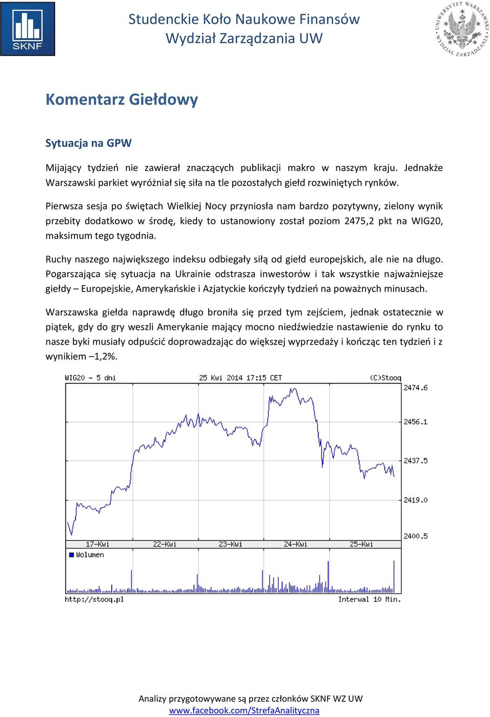 Pierwsza sesja po świętach Wielkiej Nocy przyniosła nam bardzo pozytywny, zielony wynik przebity dodatkowo w środę, kiedy to ustanowiony został poziom 2475,2 pkt na WIG20, maksimum tego tygodnia.