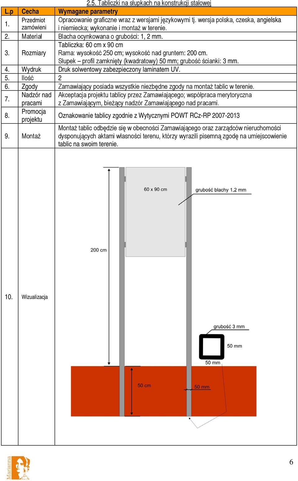 Rozmiary Tabliczka: 60 cm x 90 cm Rama: wysokość 250 cm; wysokość nad gruntem: 200 cm. Słupek profil zamknięty (kwadratowy) 50 mm; grubość ścianki: 3 mm. 4.