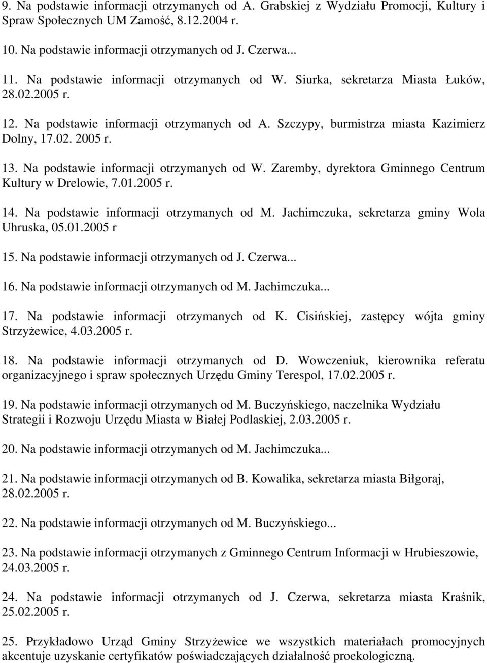 Na podstawie informacji otrzymanych od W. Zaremby, dyrektora Gminnego Centrum Kultury w Drelowie, 7.01.2005 r. 14. Na podstawie informacji otrzymanych od M.