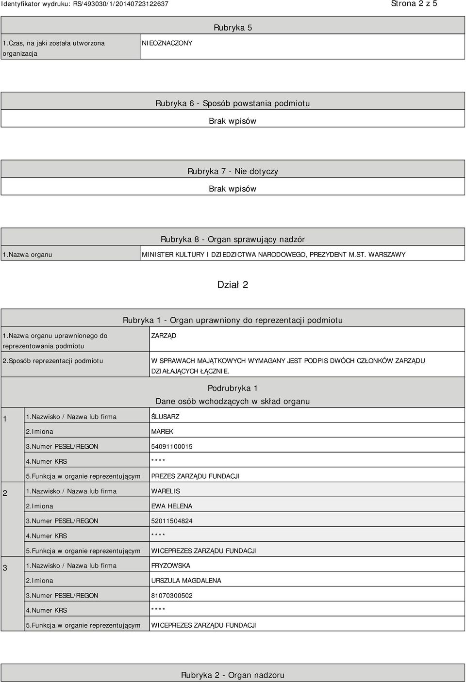 Nazwa organu uprawnionego do reprezentowania podmiotu 2.Sposób reprezentacji podmiotu ZARZĄD W SPRAWACH MAJĄTKOWYCH WYMAGANY JEST PODPIS DWÓCH CZŁONKÓW ZARZĄDU DZIAŁAJĄCYCH ŁĄCZNIE. 1 1.