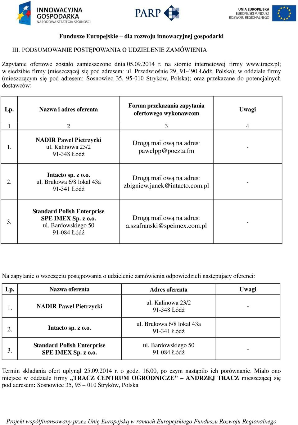 Przedwiośnie 29, 91490 Łódź, Polska); w oddziale firmy (mieszczącym się pod adresem: Sosnowiec 35, 95010 Stryków, Polska); oraz przekazane do potencjalnych dostawców: Lp.