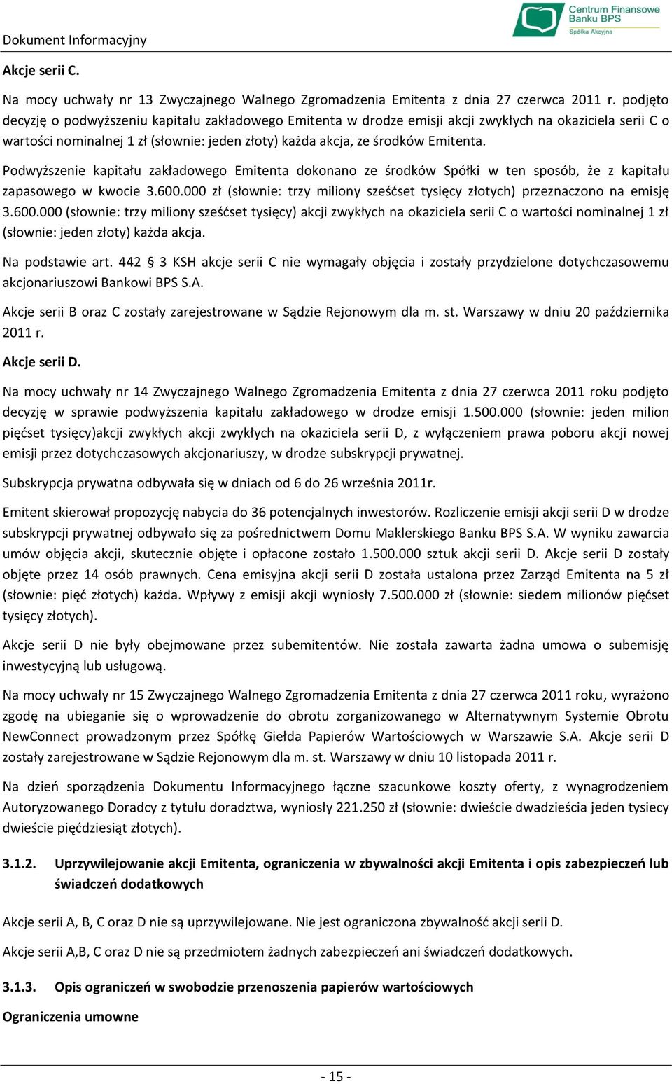 Podwyższenie kapitału zakładowego Emitenta dokonano ze środków Spółki w ten sposób, że z kapitału zapasowego w kwocie 3.600.