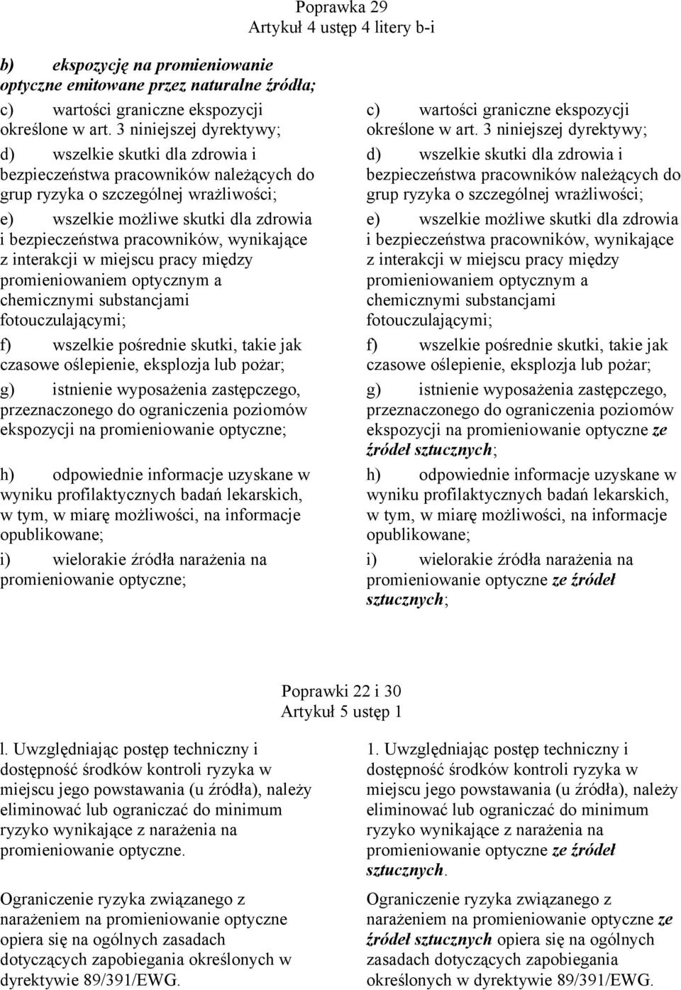 pracowników, wynikające z interakcji w miejscu pracy między promieniowaniem optycznym a chemicznymi substancjami fotouczulającymi; f) wszelkie pośrednie skutki, takie jak czasowe oślepienie,