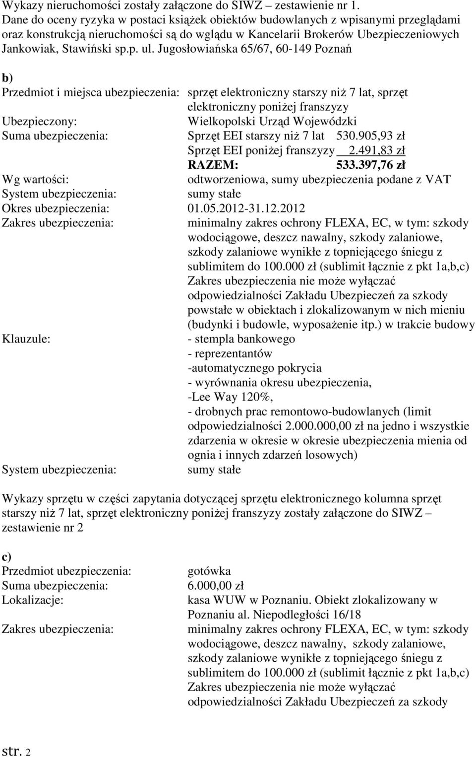 Jugosłowiańska 65/67, 60-149 Poznań b) Przedmiot i miejsca ubezpieczenia: sprzęt elektroniczny starszy niż 7 lat, sprzęt elektroniczny poniżej franszyzy Ubezpieczony: Wielkopolski Urząd Wojewódzki