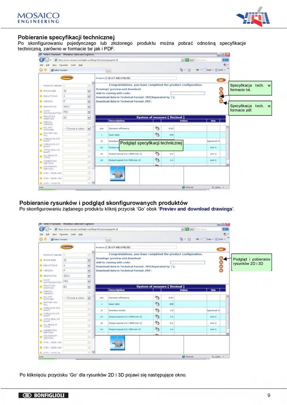 w Podgląd specyfikacji technicznej Pobieranie rysunków i podgląd skonfigurowanych produktów Po skonfigurowaniu żądanego produk tu
