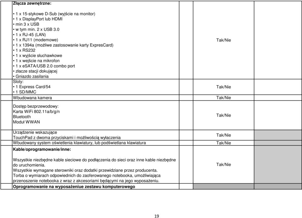 0 combo port złacze stacji dokującej Gniazdo zasilania Sloty: 1 Express Card/54 1 SD/MMC Wbudowana kamera Dostęp bezprzewodowy: Karta WiFi 802.