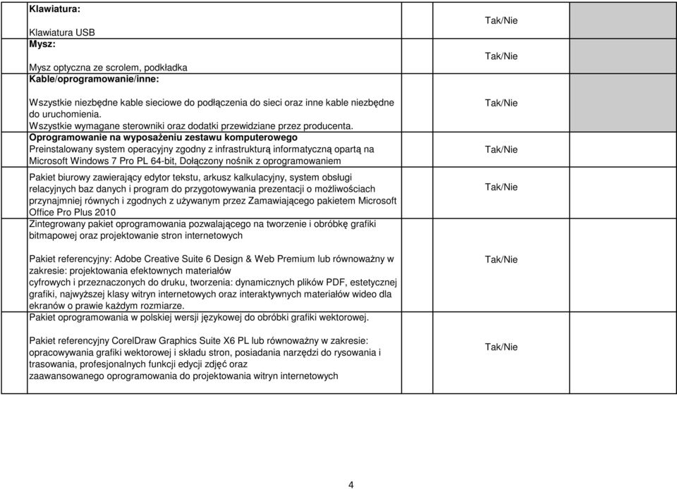 Oprogramowanie na wyposaŝeniu zestawu komputerowego Preinstalowany system operacyjny zgodny z infrastrukturą informatyczną opartą na Microsoft Windows 7 Pro PL 64-bit, Dołączony nośnik z