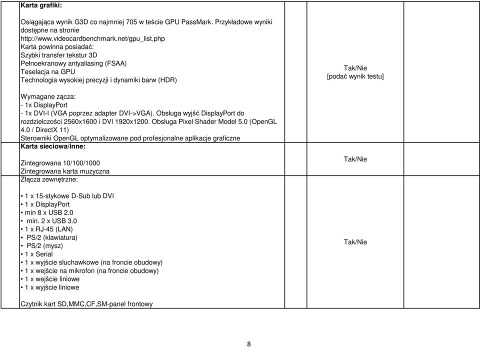 DVI-I (VGA poprzez adapter DVI->VGA). Obsługa wyjść DisplayPort do rozdzielczości 2560x1600 i DVI 1920x1200. Obsługa Pixel Shader Model 5.0 (OpenGL 4.