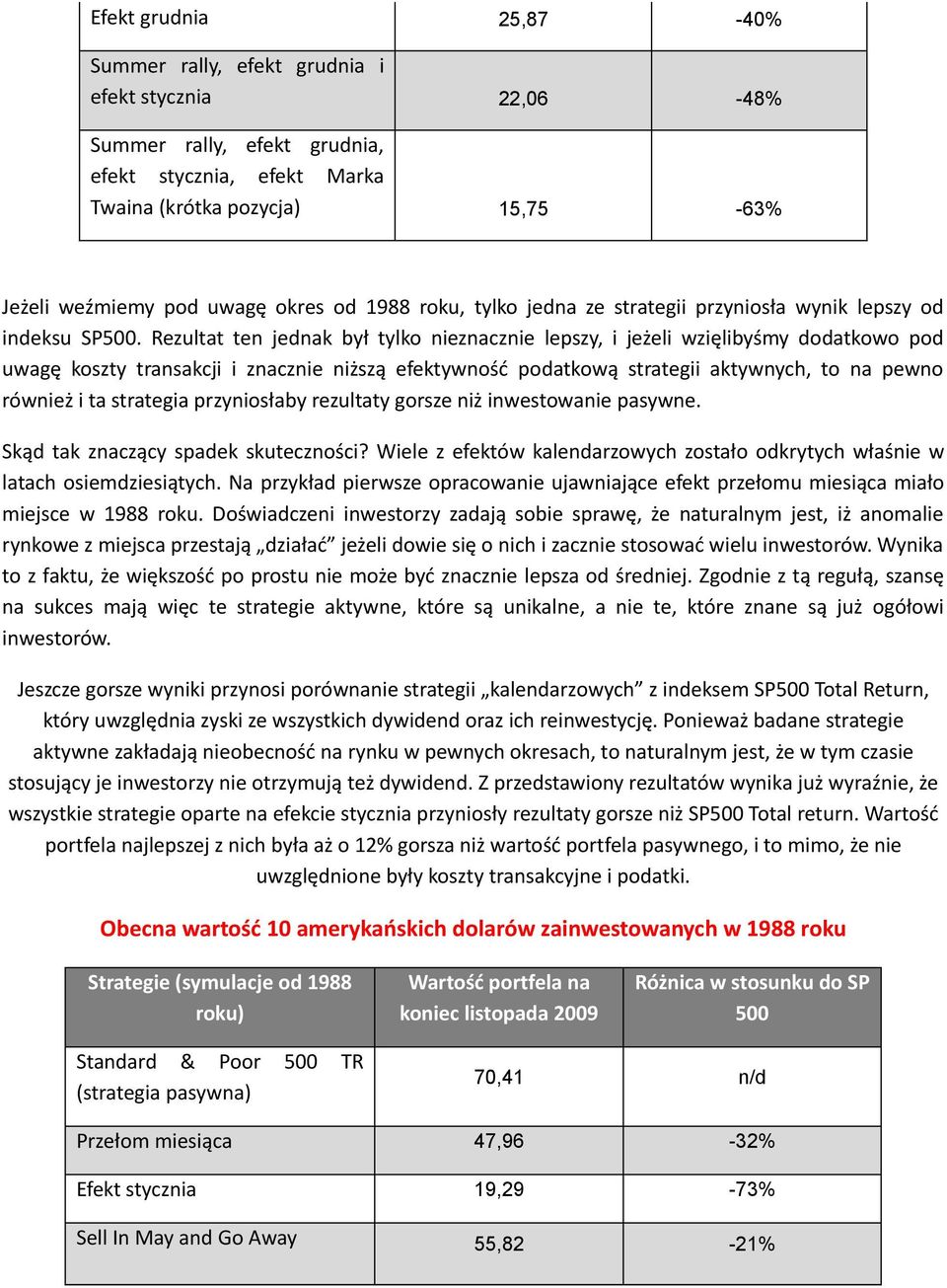 Rezultat ten jednak był tylko nieznacznie lepszy, i jeżeli wzięlibyśmy dodatkowo pod uwagę koszty transakcji i znacznie niższą efektywność podatkową strategii aktywnych, to na pewno również i ta