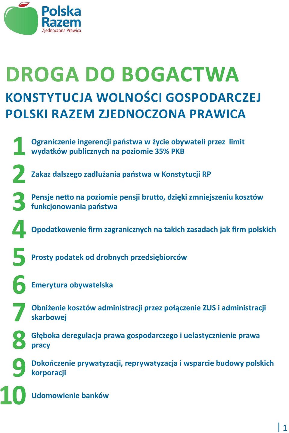 przedsiębiorców Emerytura obywatelska Obniżenie kosztów administracji przez połączenie ZUS i administracji skarbowej Głęboka deregulacja