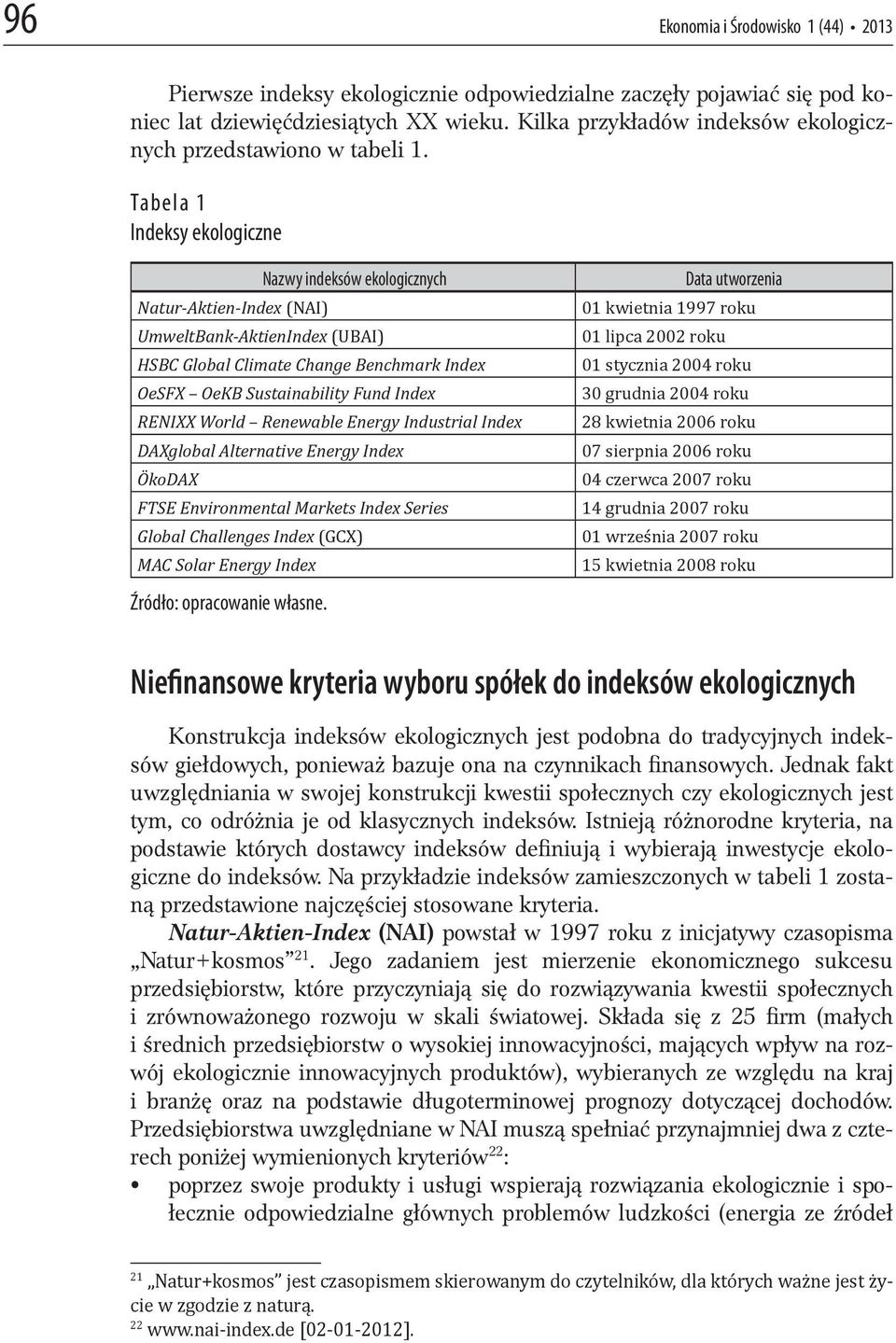 Tabela 1 Indeksy ekologiczne Nazwy indeksów ekologicznych Natur-Aktien-Index (NAI) UmweltBank-AktienIndex (UBAI) HSBC Global Climate Change Benchmark Index OeSFX OeKB Sustainability Fund Index RENIXX