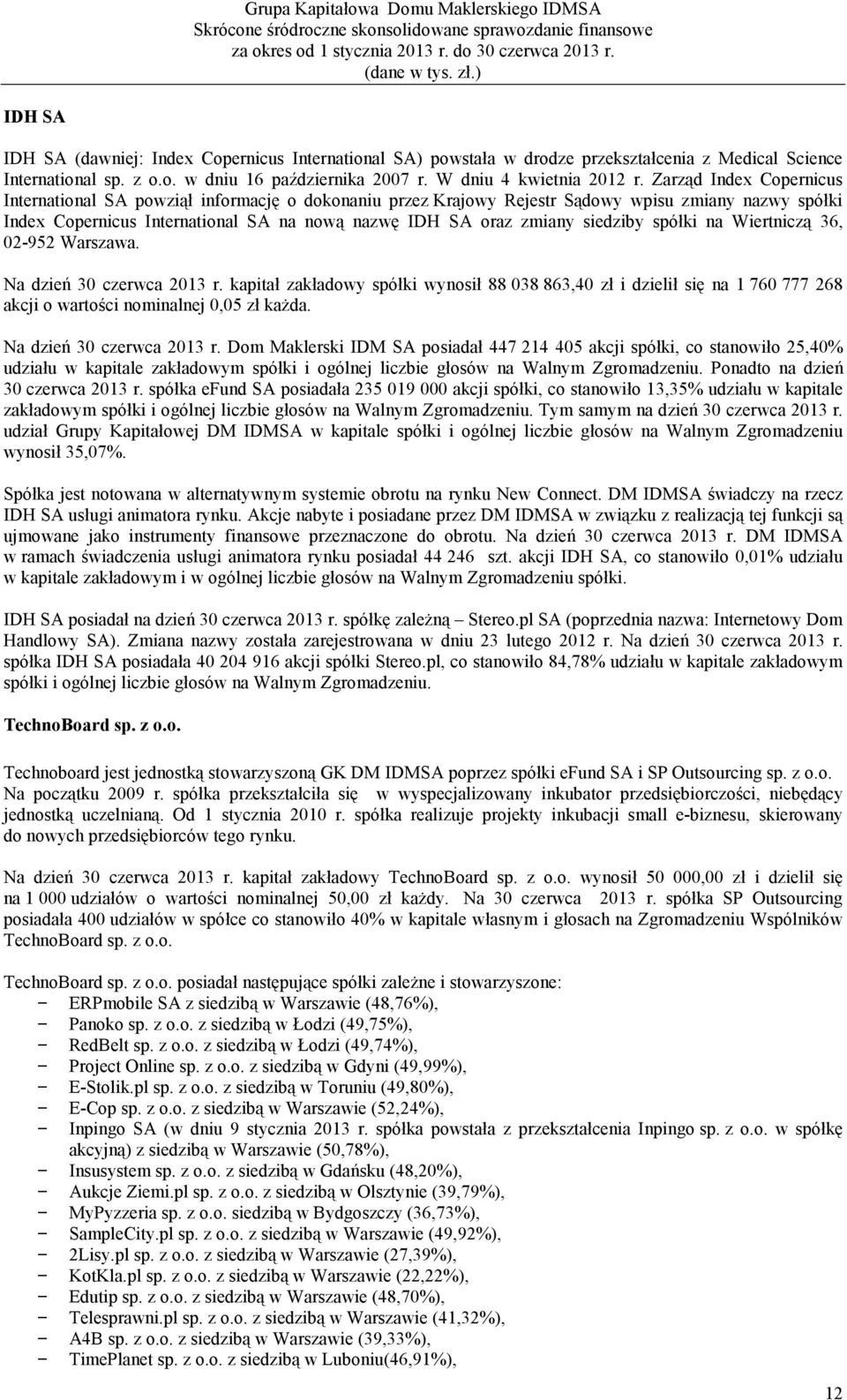 siedziby spółki na Wiertniczą 36, 02-952 Warszawa. Na dzień 30 czerwca 2013 r.