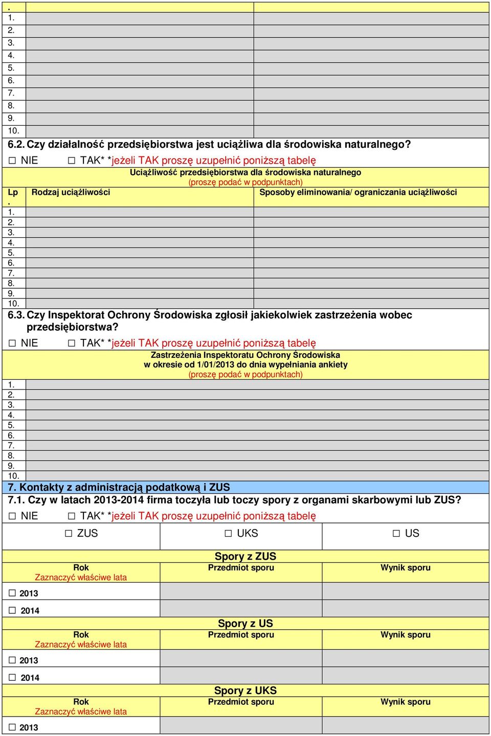 NIE Zastrzeżenia Inspektoratu Ochrony Środowiska w okresie od 1/01/2013 do dnia wypełniania ankiety (proszę podać w podpunktach) 6. 7. 8. 9. 10. 7. Kontakty z administracją podatkową i ZUS 7.