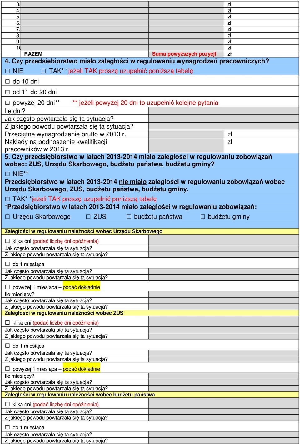 Nakłady na podnoszenie kwalifikacji pracowników w 2013 r. Czy przedsiębiorstwo w latach 2013-2014 miało ległości w regulowaniu zobowiąń wobec: ZUS, Urzędu Skarbowego, budżetu państwa, budżetu gminy?