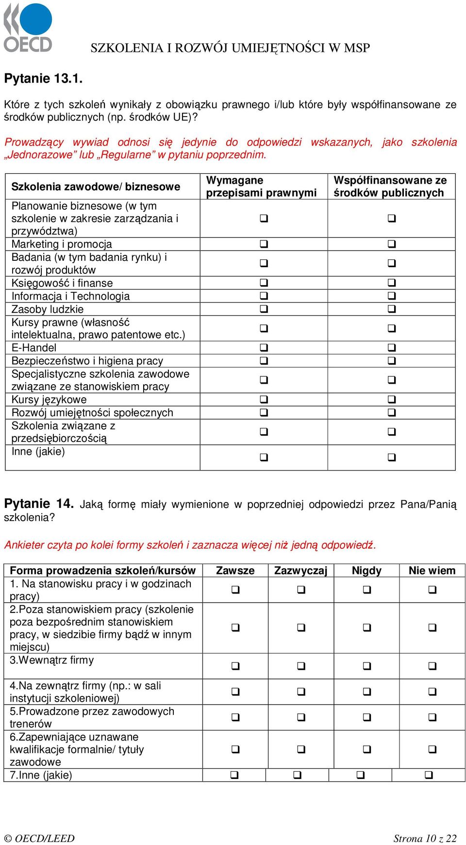 Szkolenia zawodowe/ biznesowe Planowanie biznesowe (w tym szkolenie w zakresie zarządzania i przywództwa) Wymagane przepisami prawnymi Współfinansowane ze środków publicznych Marketing i promocja