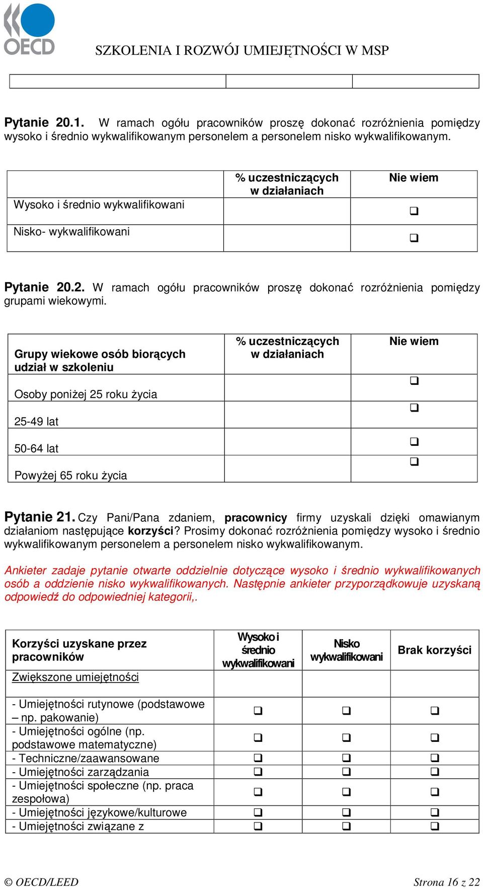 Grupy wiekowe osób biorących udział w szkoleniu Osoby poniŝej 25 roku Ŝycia 25-49 lat 50-64 lat PowyŜej 65 roku Ŝycia % uczestniczących w działaniach wiem Pytanie 21.