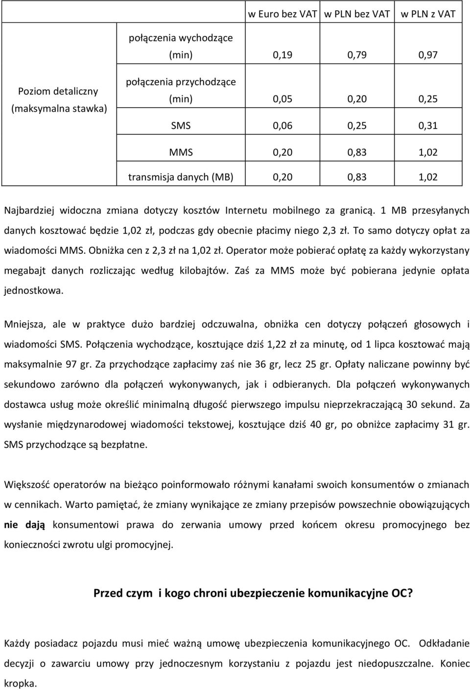 1 MB przesyłanych danych kosztować będzie 1,02 zł, podczas gdy obecnie płacimy niego 2,3 zł. To samo dotyczy opłat za wiadomości MMS. Obniżka cen z 2,3 zł na 1,02 zł.