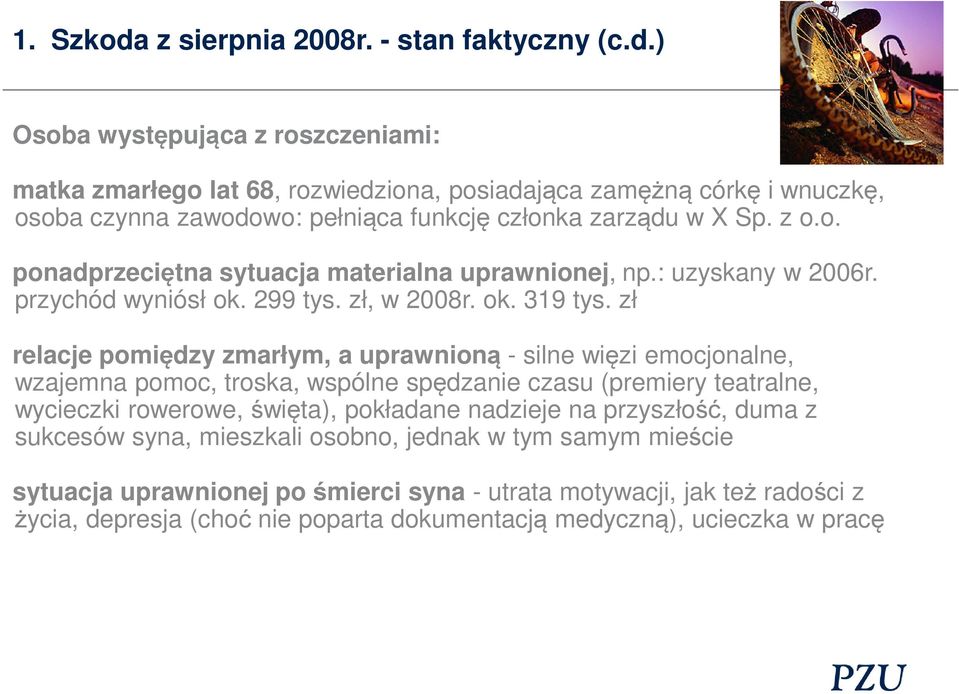 zł relacje pomiędzy zmarłym, a uprawnioną - silne więzi emocjonalne, wzajemna pomoc, troska, wspólne spędzanie czasu (premiery teatralne, wycieczki rowerowe, święta), pokładane nadzieje na