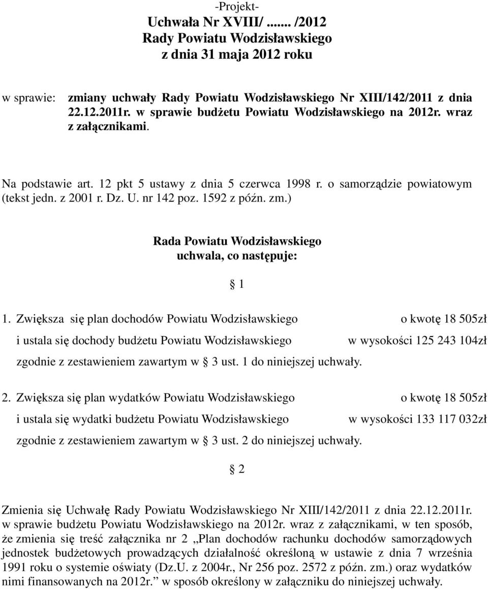 1592 z późn. zm.) Rada Powiatu Wodzisławskiego uchwala, co następuje: 1 1.