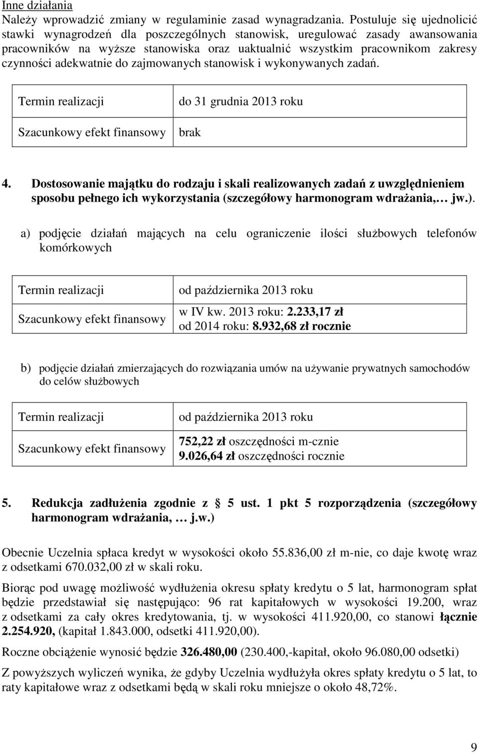 adekwatnie do zajmowanych stanowisk i wykonywanych zadań. Termin realizacji do 31 grudnia 2013 roku brak 4.