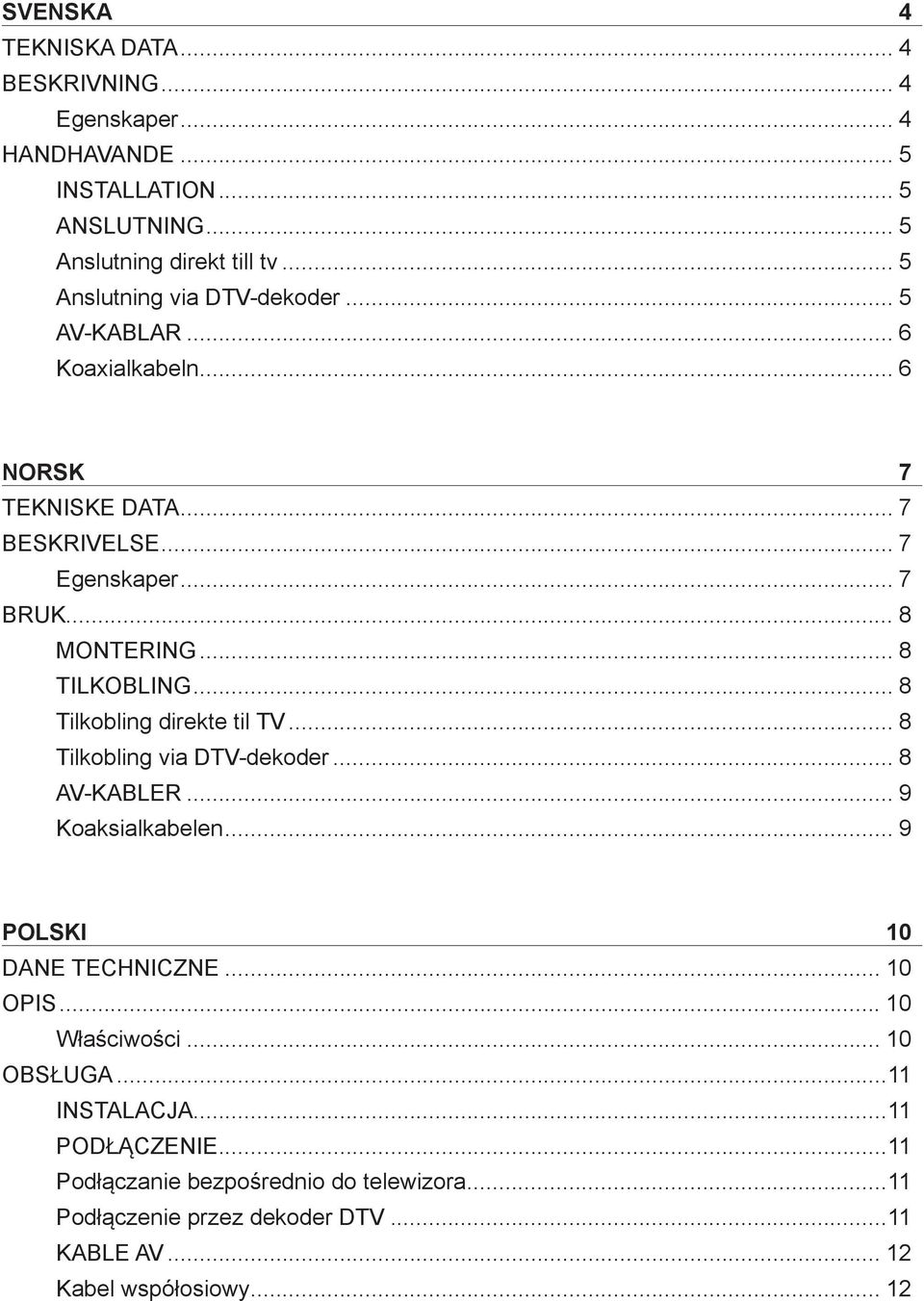 .. 8 TILKOBLING... 8 Tilkobling direkte til TV... 8 Tilkobling via DTV-dekoder... 8 AV-KABLER... 9 Koaksialkabelen... 9 POLSKI 10 DANE TECHNICZNE... 10 OPIS.