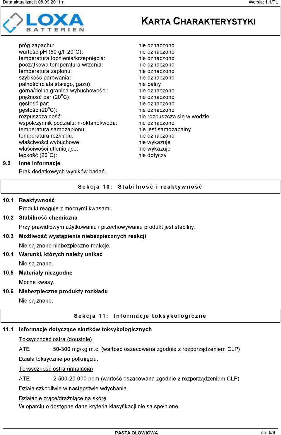 wykazuje (20 o C): nie dotyczy 92 Inne informacje S e k c j a 1 0 : 101 102 103 Produkt reaguje z mocnymi kwasami 104 105 106 Mocne kwasy S e k c j a 1 1 : I n f o r m a c j e