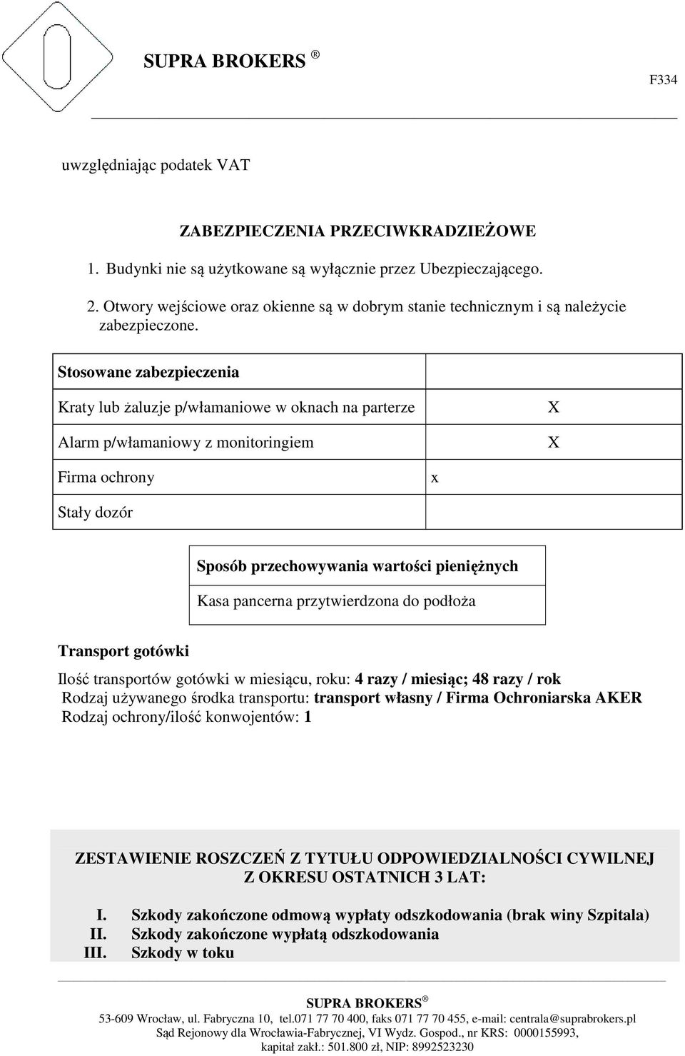 Stosowane zabezpieczenia Kraty lub żaluzje p/włamaniowe w oknach na parterze Alarm p/włamaniowy z monitoringiem Firma ochrony x Stały dozór Sposób przechowywania wartości pieniężnych Kasa pancerna