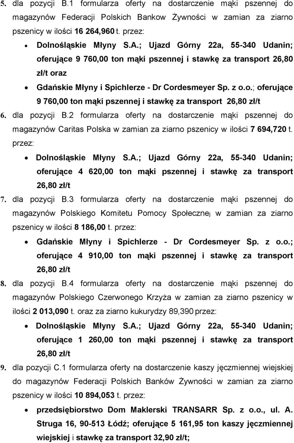 dla pozycji B.2 formularza oferty na dostarczenie mąki pszennej do magazynów Caritas Polska w zamian za ziarno pszenicy w ilości 7 694,720 t. Dolnośląskie Młyny S.A.