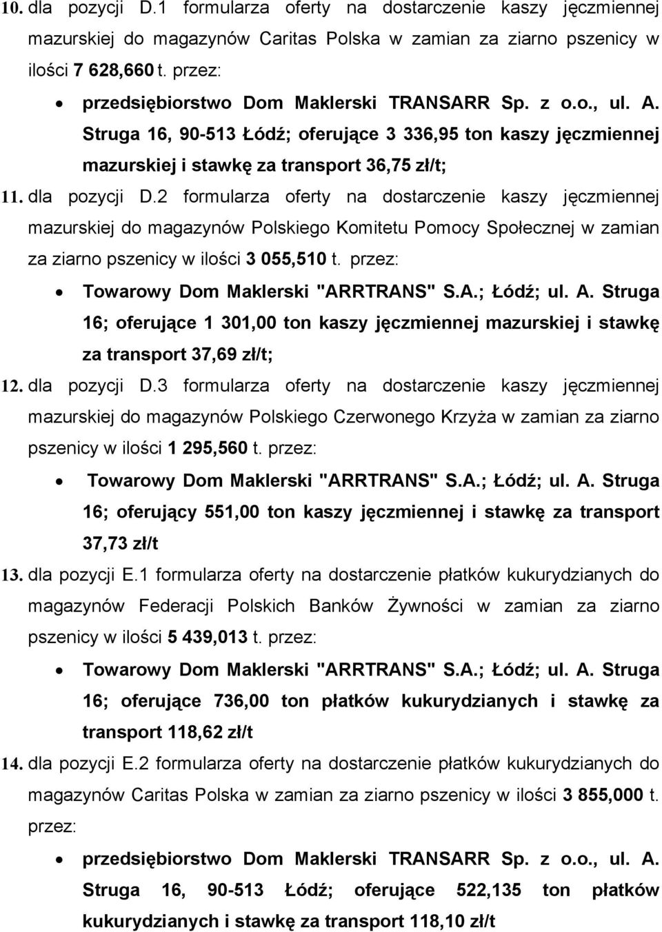 2 formularza oferty na dostarczenie kaszy jęczmiennej mazurskiej do magazynów Polskiego Komitetu Pomocy Społecznej w zamian za ziarno pszenicy w ilości 3 055,510 t.