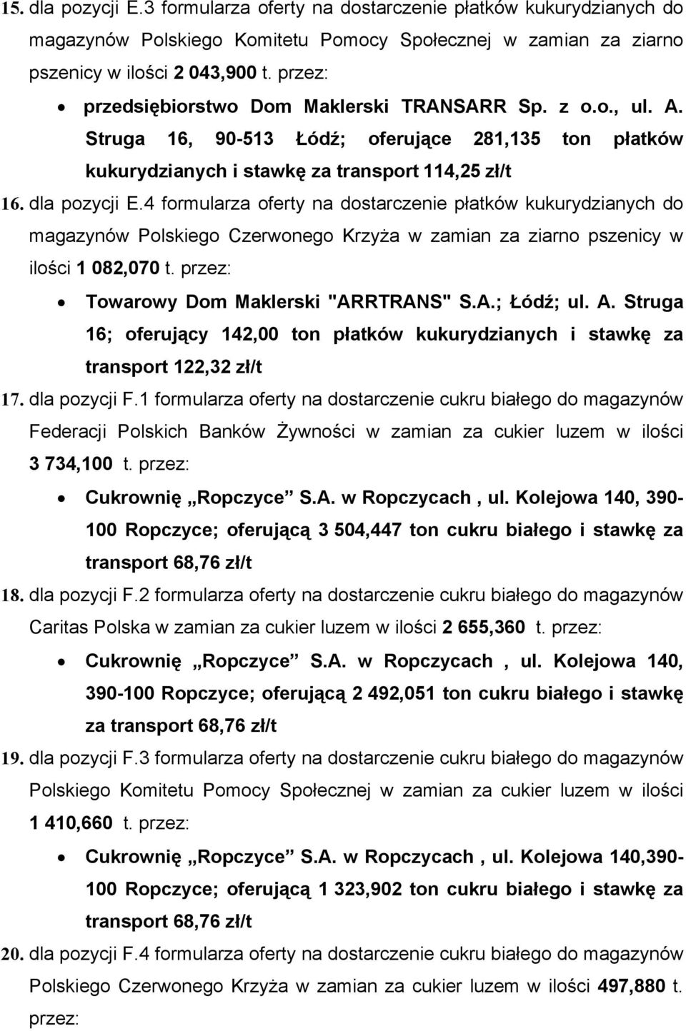 4 formularza oferty na dostarczenie płatków kukurydzianych do magazynów Polskiego Czerwonego Krzyża w zamian za ziarno pszenicy w ilości 1 082,070 t.