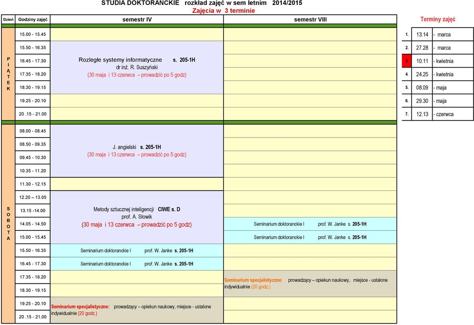 05-14.50 eminarium doktoranckie prof. W. Janke s. 205-1H 15.00-15.45 eminarium doktoranckie prof. W. Janke s. 205-1H 15.50-16.