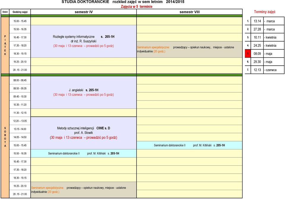 13 - czerwca 11.30-12.15 12.20 13.05 14.05-14.50 Metody sztucznej inteligencji CW s. D prof.. łowik 15.00-15.