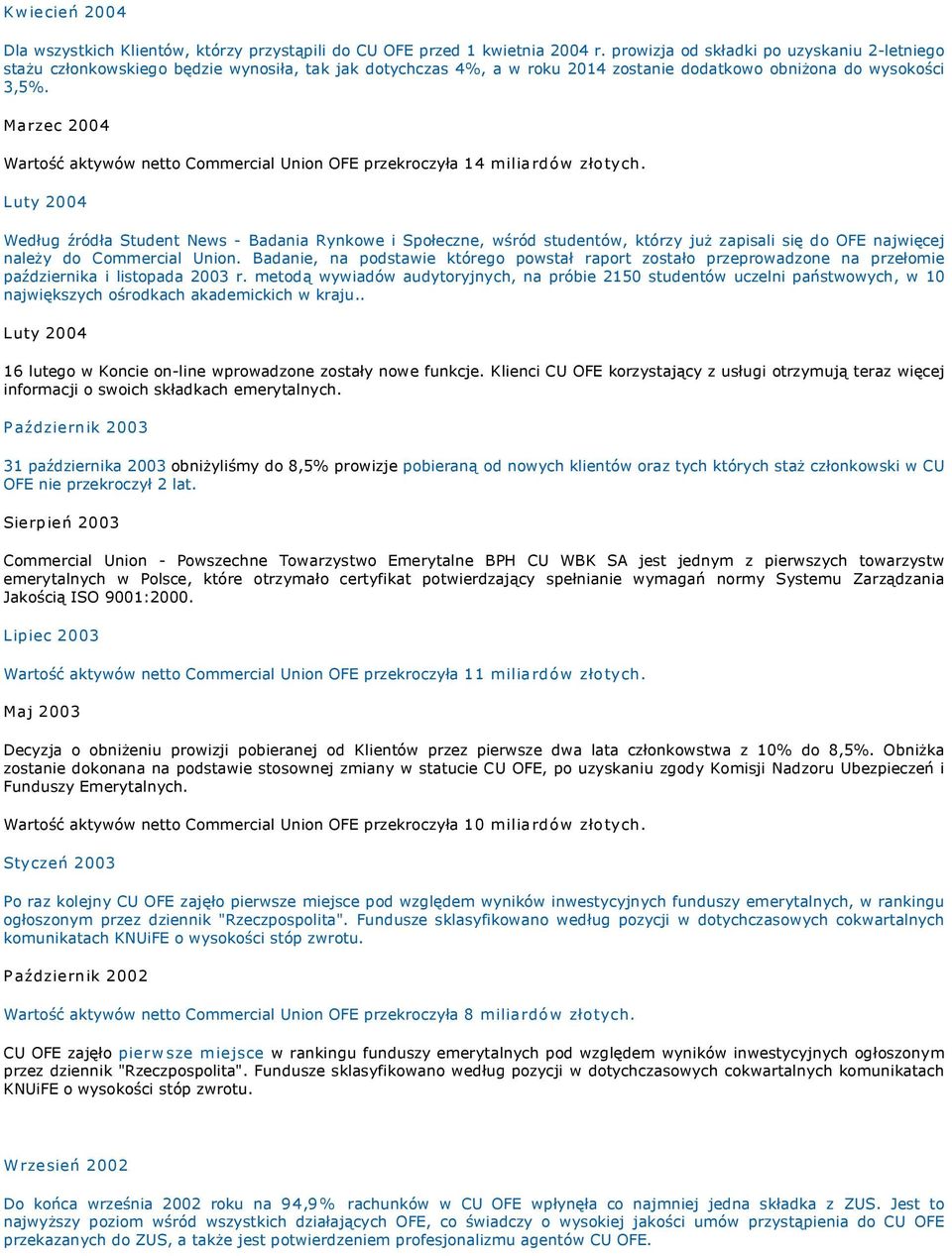 Marzec 2004 Wartość aktywów netto Commercial Union OFE przekroczyła 14 milia rdów zło tych.