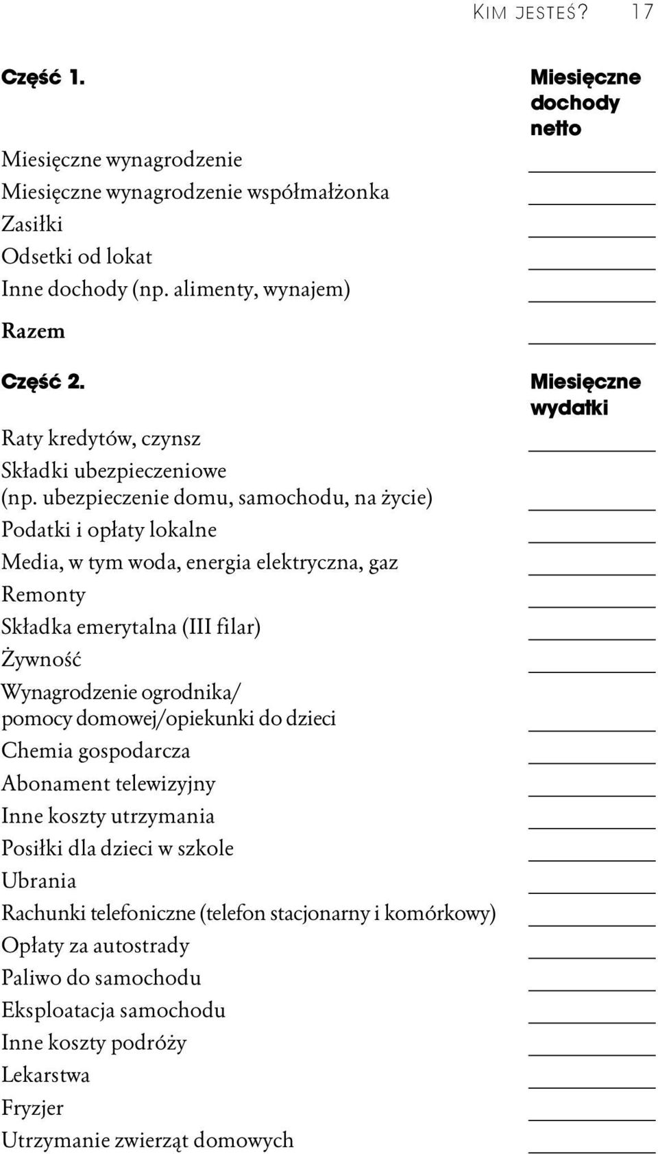 ubezpieczenie domu, samochodu, na życie) Podatki i opłaty lokalne Media, w tym woda, energia elektryczna, gaz Remonty Składka emerytalna (III filar) Żywność Wynagrodzenie ogrodnika/ pomocy