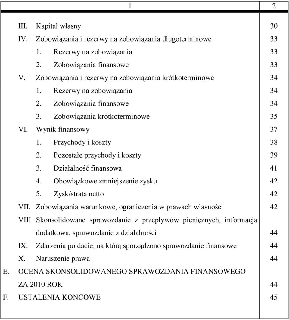 Przychody i koszty 38 2. Pozostałe przychody i koszty 39 3. Działalność finansowa 41 4. Obowiązkowe zmniejszenie zysku 42 5. Zysk/strata netto 42 VII.