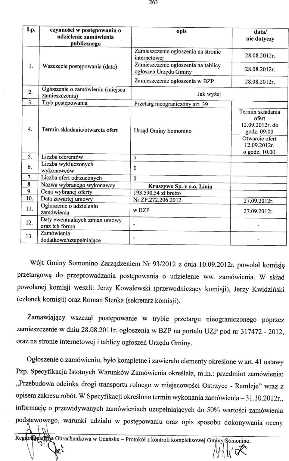 Tryb postępowania Przetarg nieograniczony art. 39 Termin składania ofert 12.09.2012r. do 4. Termin składania/otwarcia ofert Urząd Gminy Somo nino godz. 09:00 Otwarcie ofert 12.09.2012r. o godz. 10.