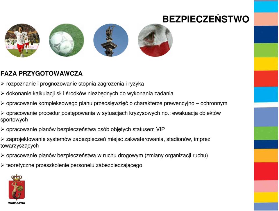 : ewakuacja obiektów sportowych opracowanie planów bezpieczeństwa osób objętych statusem VIP zaprojektowanie systemów zabezpieczeń miejsc zakwaterowania,