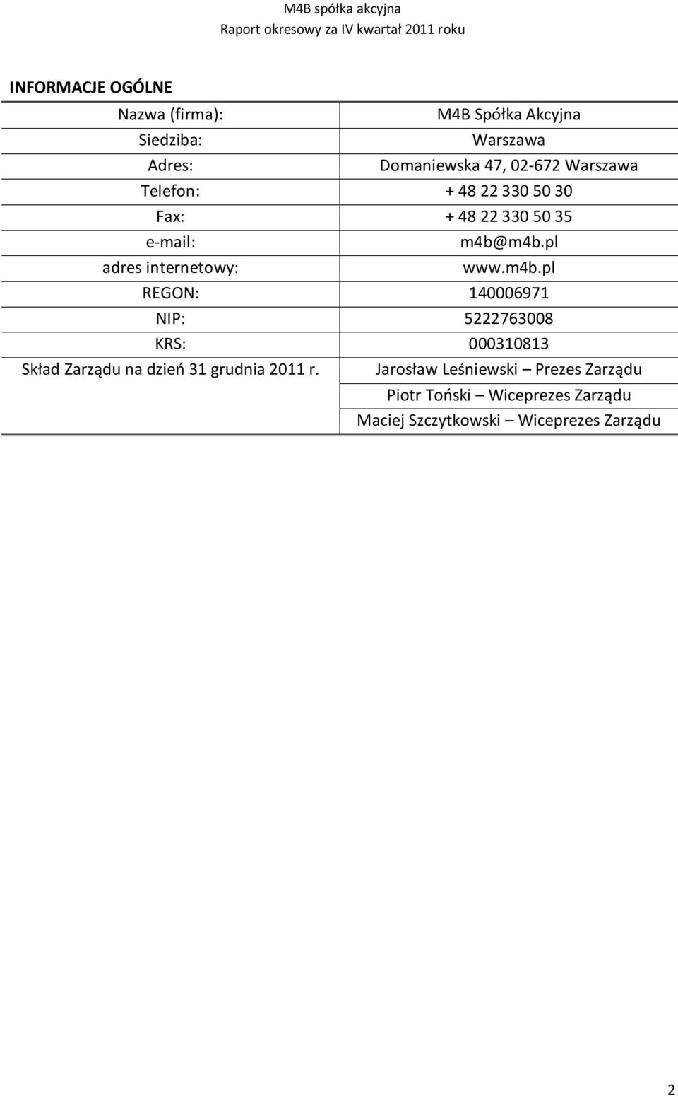 adres internetowy: m4b@m4b.pl www.m4b.pl REGON: 140006971 NIP: 5222763008 KRS: 000310813 Skład Zarządu na dzień 31 grudnia 2011 r.