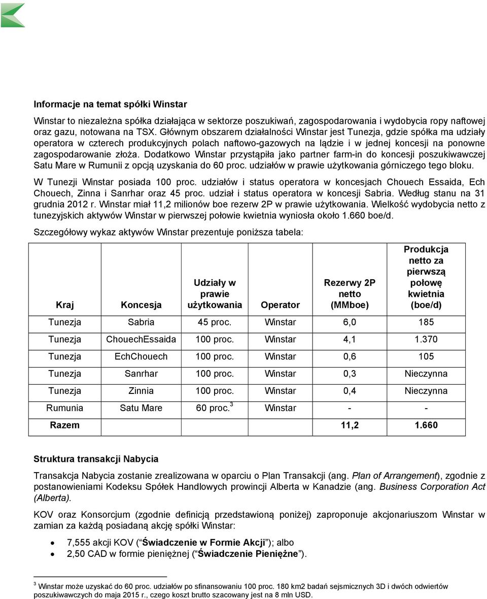 Dodatkowo Winstar przystąpiła jako partner farm-in do koncesji poszukiwawczej Satu Mare w Rumunii z opcją uzyskania do 60 proc. udziałów w prawie użytkowania górniczego tego bloku.