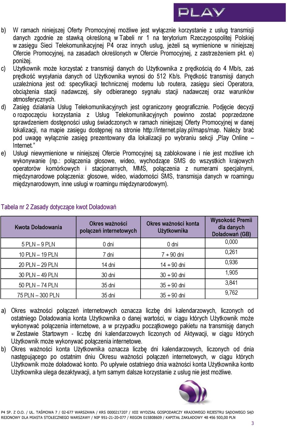 c) Użytkownik może korzystać z transmisji danych do Użytkownika z prędkością do 4 Mb/s, zaś prędkość wysyłania danych od Użytkownika wynosi do 512 Kb/s.