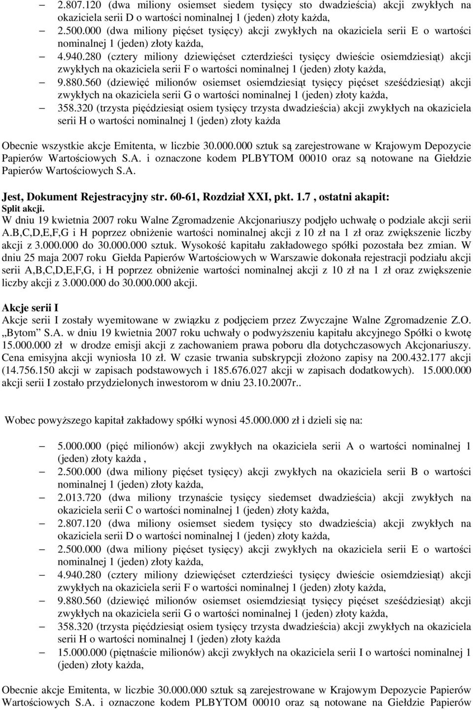 280 (cztery miliony dziewięćset czterdzieści tysięcy dwieście osiemdziesiąt) akcji zwykłych na okaziciela serii F o wartości 9.880.