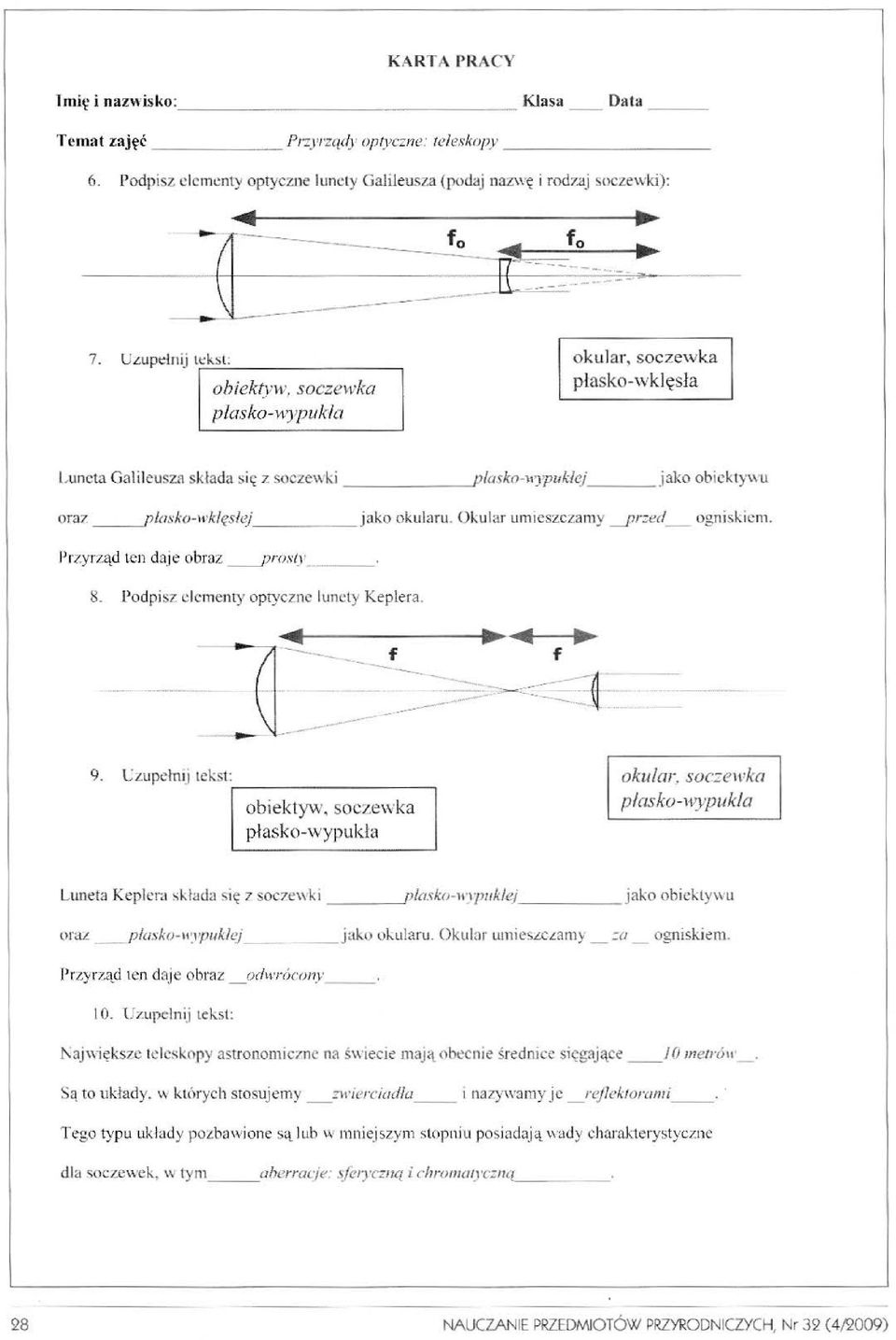 teleskopy 6. Podpisz elementy optyczne lunety Galileusza (podaj nazwę i rodzaj soczewki): 