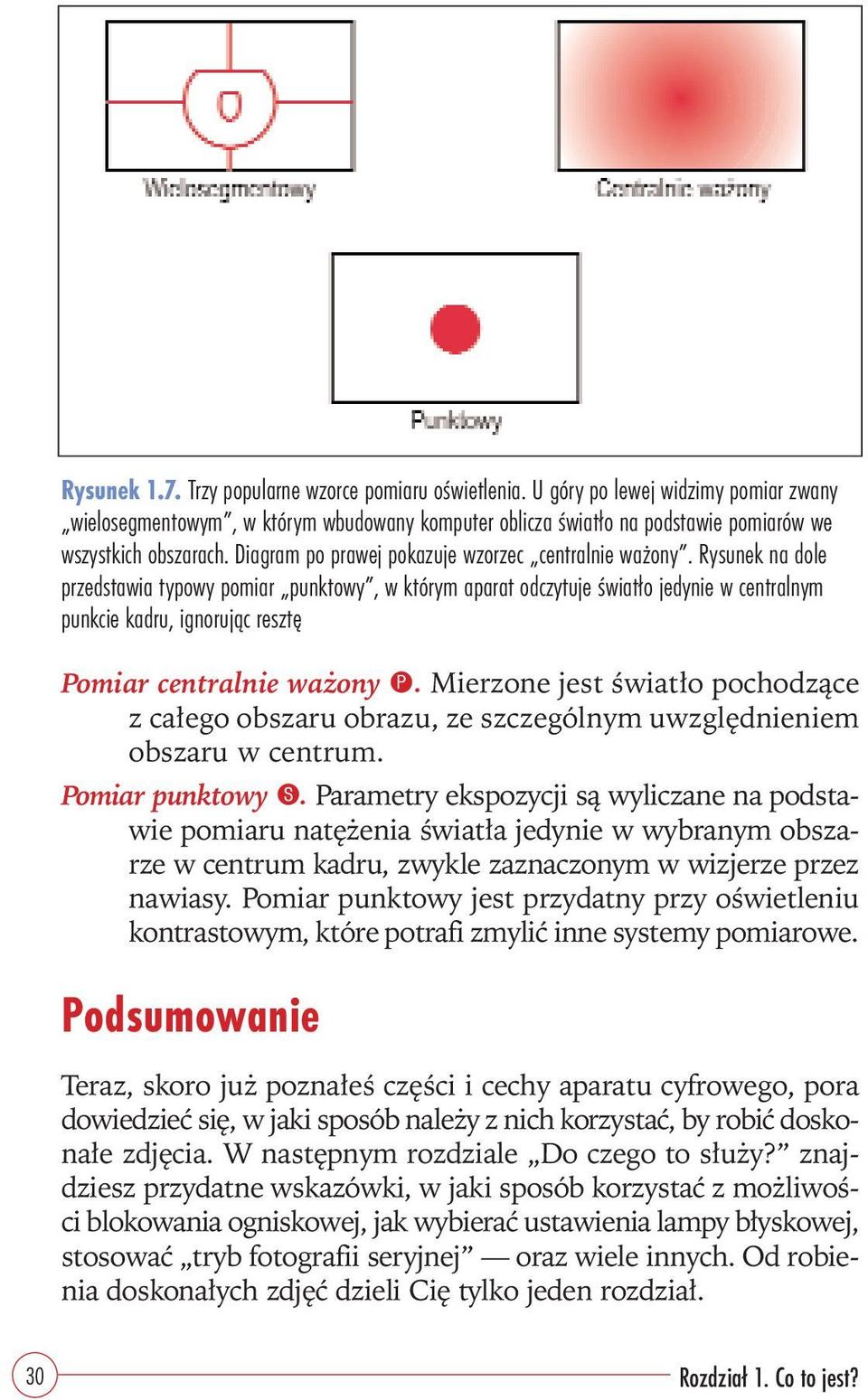 Rysunek na dole przedstawia typowy pomiar punktowy, w którym aparat odczytuje światło jedynie w centralnym punkcie kadru, ignorując resztę Pomiar centralnie ważony P.