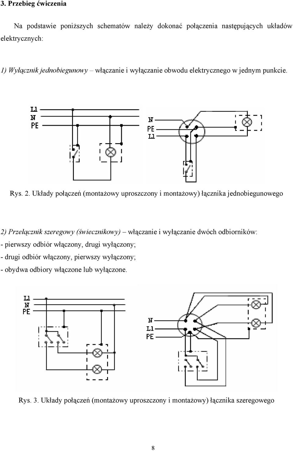 Układy połączeń (montażowy uproszczony i montażowy) łącznika jednobiegunowego 2) Przełącznik szeregowy (świecznikowy) włączanie i wyłączanie dwóch