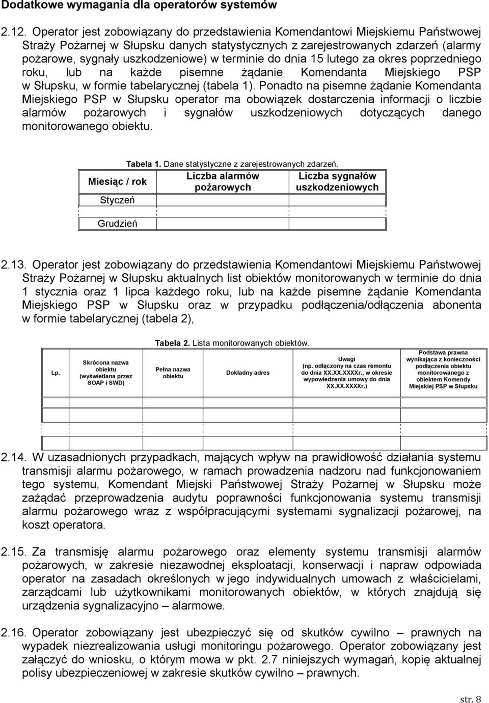 terminie do dnia 15 lutego za okres poprzedniego roku, lub na każde pisemne żądanie Komendanta Miejskiego PSP w Słupsku, w formie tabelarycznej (tabela 1).