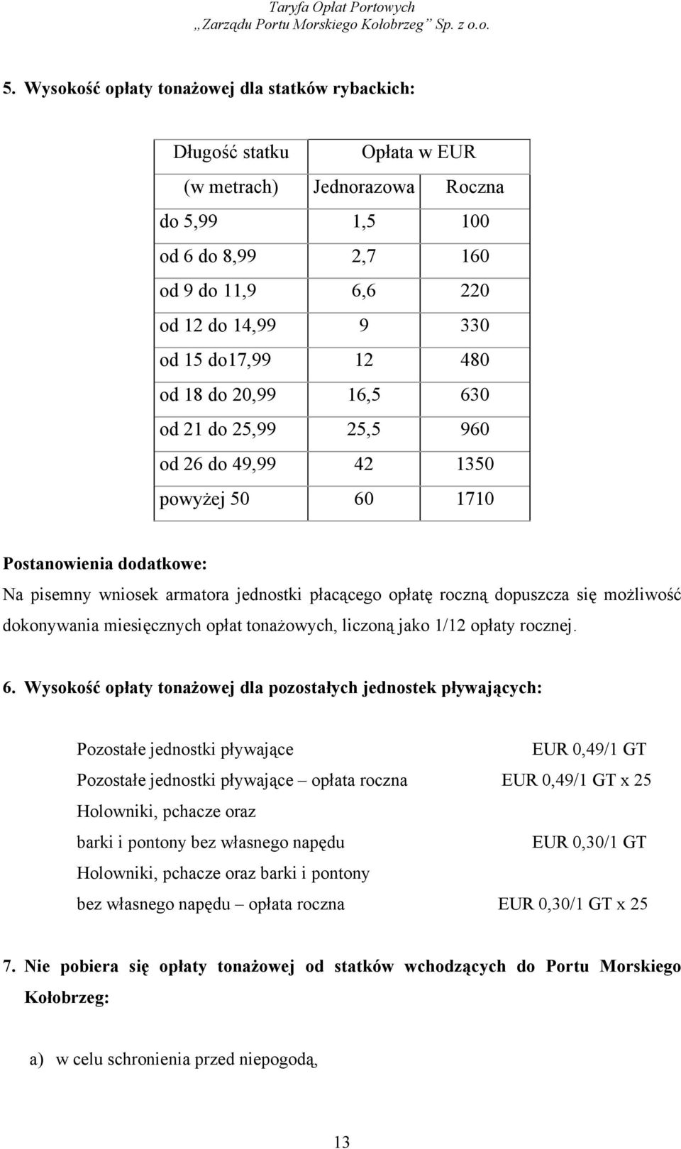 dopuszcza się moŝliwość dokonywania miesięcznych opłat tonaŝowych, liczoną jako 1/12 opłaty rocznej. 6.