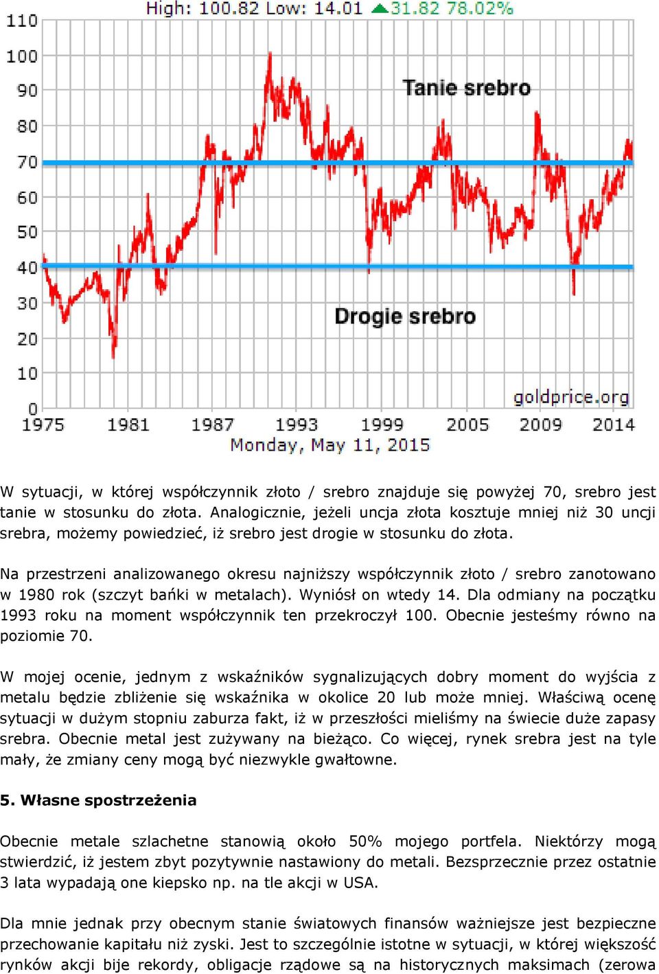 Na przestrzeni analizowanego okresu najniższy współczynnik złoto / srebro zanotowano w 1980 rok (szczyt bańki w metalach). Wyniósł on wtedy 14.