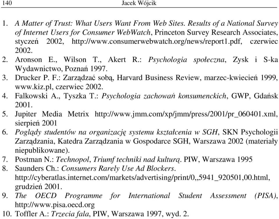 , Wilson T., Akert R.: Psychologia społeczna, Zysk i S-ka Wydawnictwo, Poznań 1997. 3. Drucker P. F.: Zarządzać sobą, Harvard Business Review, marzec-kwiecień 1999, www.kiz.pl, czerwiec 2002. 4.