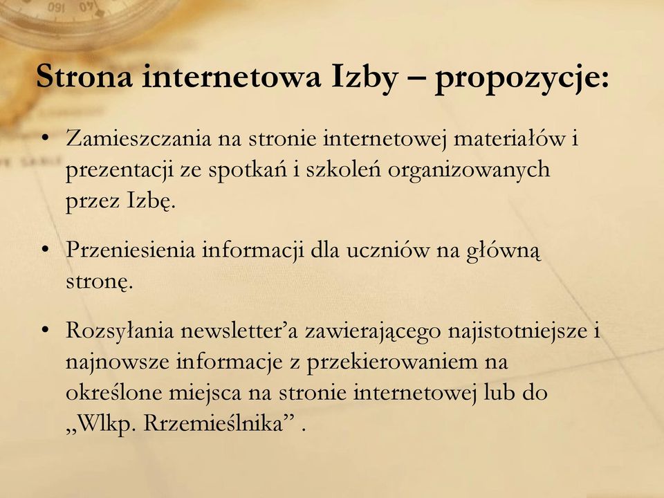 Przeniesienia informacji dla uczniów na główną stronę.